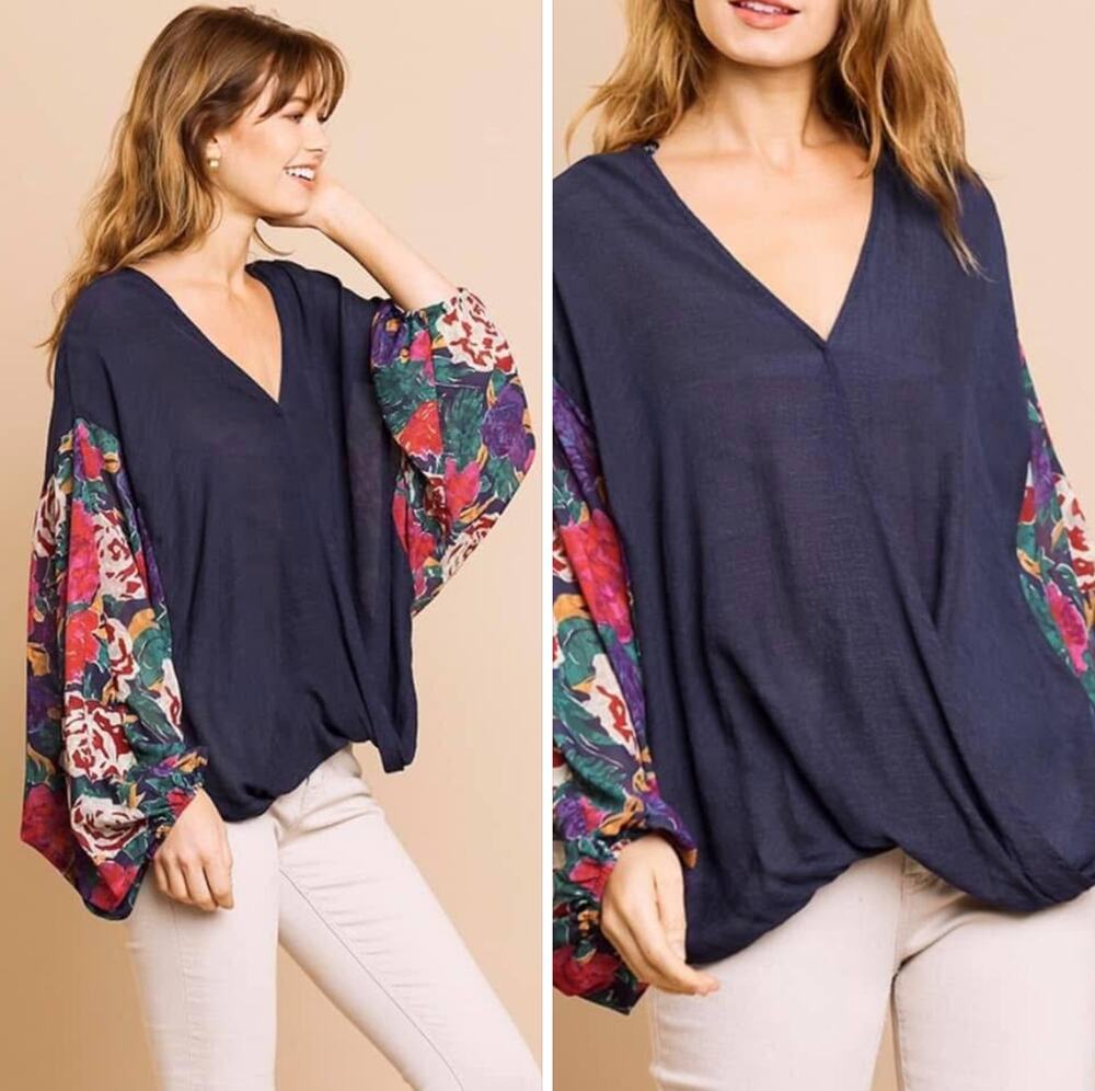 Umgee Faux Wrap Top Large Blue Floral Dolman Balloon Sleeve V-Neck Relaxed Boho